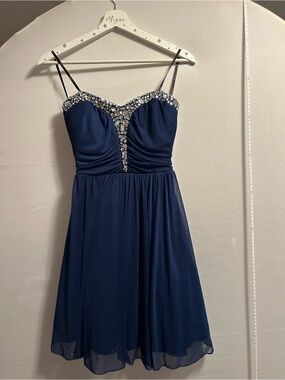 Navy Crystal-Embellished Strapless Dress